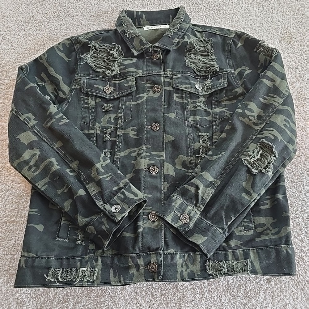 Waimea Camo Camouflage Distressed Denim Jacket Size L Y2K 90s Vibes Festival